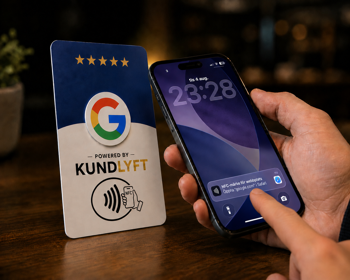 Kund håller telefonen mot KUNDLYFT NFC-recensionskort